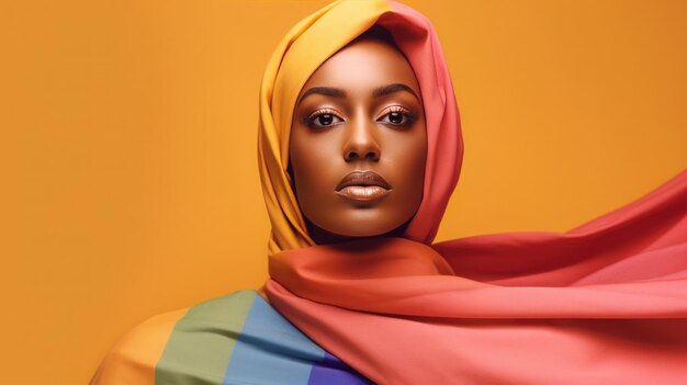 Portrait of an African woman's head covering pride flag LGBT concept