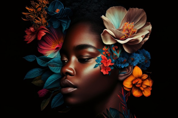 Portrait of African woman with tropical flowers Ai generated