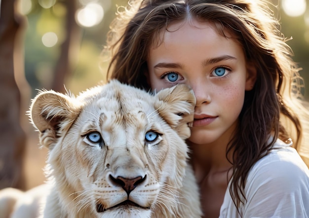 Foto ritratto ragazza africana con un leone bianco