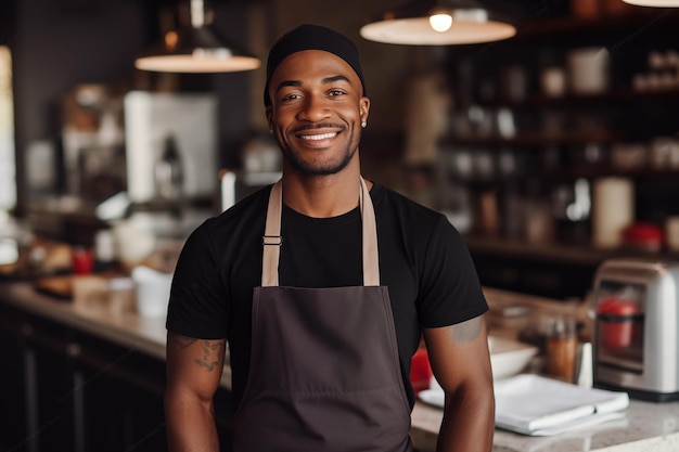 Portrait of africanamerican chef in the kitchen in a restaurant Generative AI