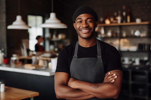 Portrait of africanamerican chef in a restaurant Generative AI