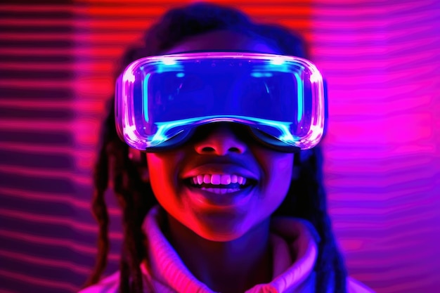 Portrait of AfricanAmerican child wearing virtual reality headset Vivid colors and neon glowing HMD on girls' faceGenerated with AI