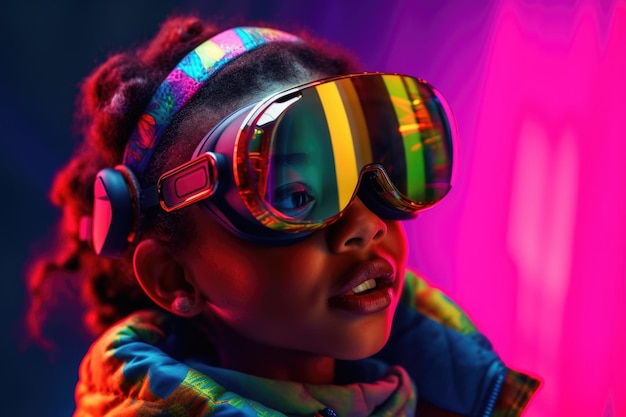 Portrait of AfricanAmerican child wearing virtual reality headset Vivid colors and neon glowing HMD on girls' faceGenerated with AI