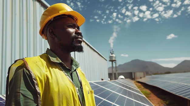 Photo portrait of an africanamerican male engineer wearing a safety helmet and standing in front of a sol