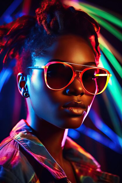 Portrait of an AfricanAmerican woman wearing sunglasses She poses seriously looking at the camera with an air of superiority Her sunglasses give a lot of character to the image Image created with AI