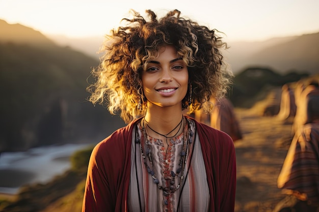 日没時の自然の中でウェーブのかかった髪を持つアフリカ系アメリカ人のヒッピー女性のポートレート シンプルなライフ コンセプト