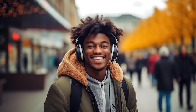 Portrait of afro american man in headphones walking in autumn city