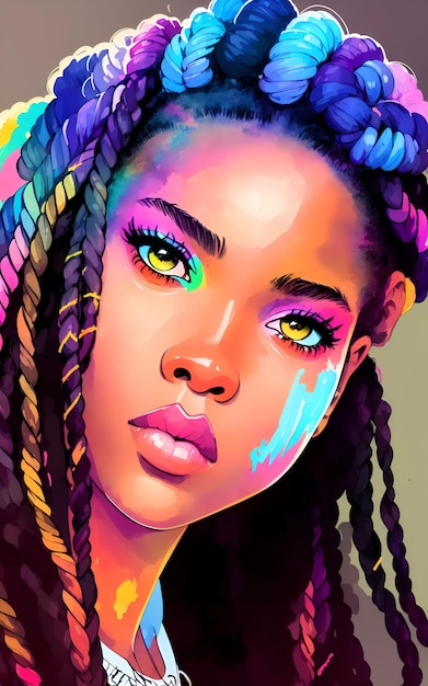 Portrait of a afro american nice girl box braids colored hair in digital painting style