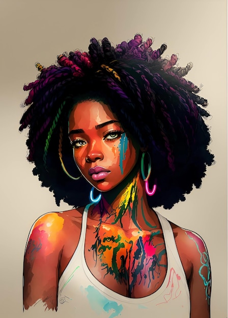 Portrait of a afro american nice girl box braids colored hair in digital painting style