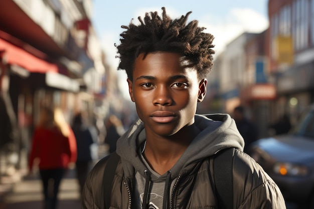 Portrait of an Afro American teenager standing on a city street