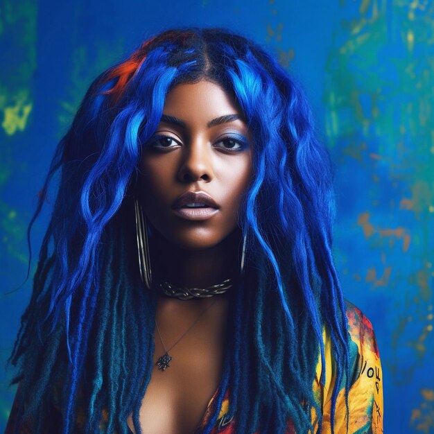 Portrait of a afro dark skinned woman with blue hair