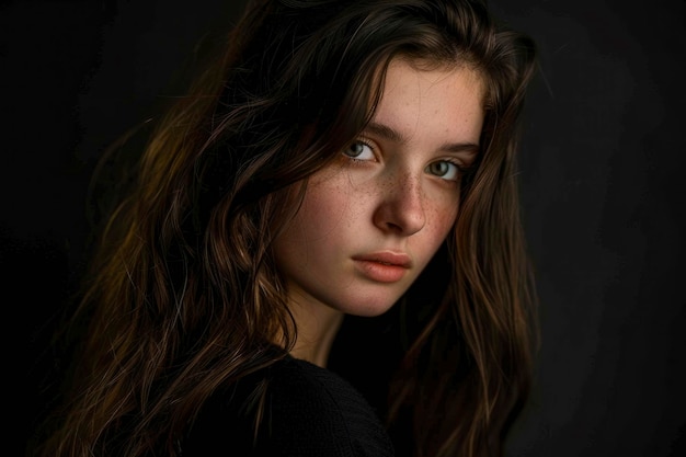 Portrait against a deep black backdrop adding intensity and contrast to the subjects features