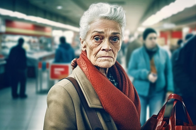 Portrait of aged grey haired woman with bag in supermarket