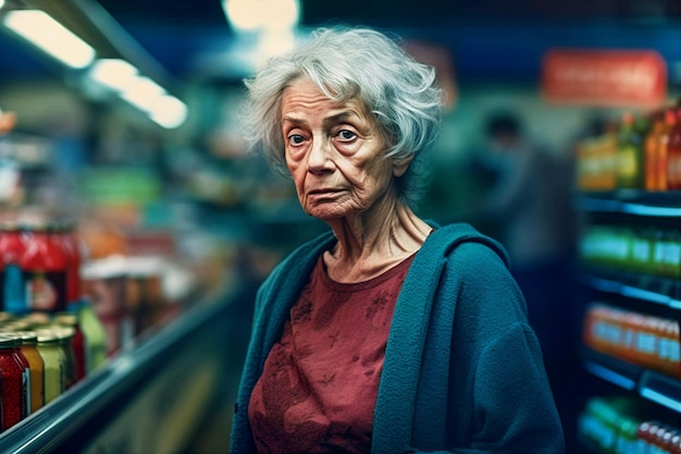 Portrait of aged grey haired woman with bag in supermarket