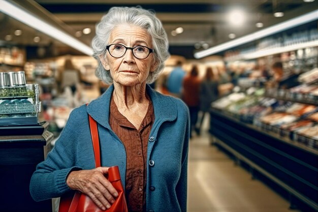 スーパーでバッグを持つ白髪の高齢女性の肖像画