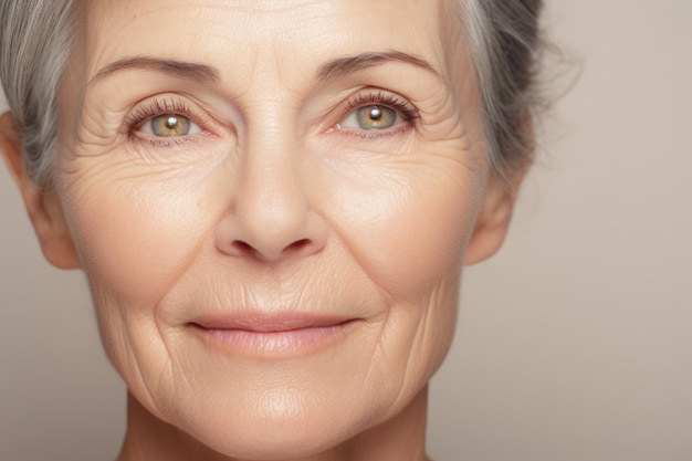 Photo portrait of an aged smiling woman with a trim and wellgroomed face on a pink background