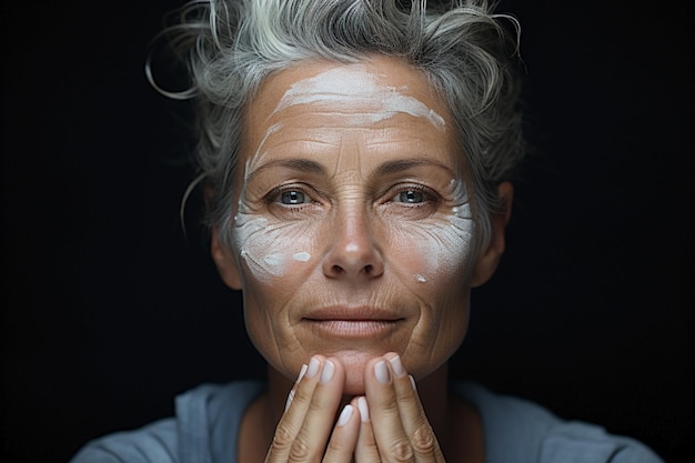 Photo portrait of aged woman applying cream on her face