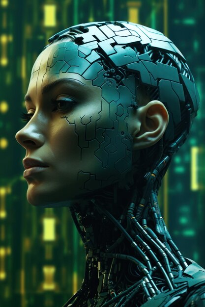 Portrait AI model of android with female face and robotic body on background of electronic circuits The concept of artificial intelligence in android