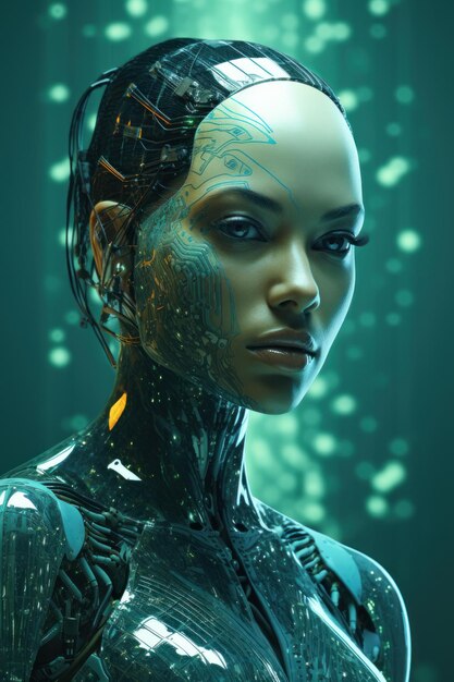 Portrait AI model of android with female face and robotic body on glowing pixels background The concept of artificial intelligence in android