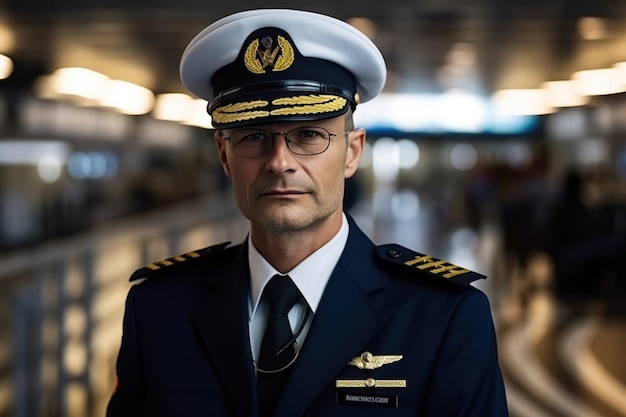 Foto ritratto del capitano pilota di aeroplani con gli occhiali all'aeroporto nel terminal ia generativa