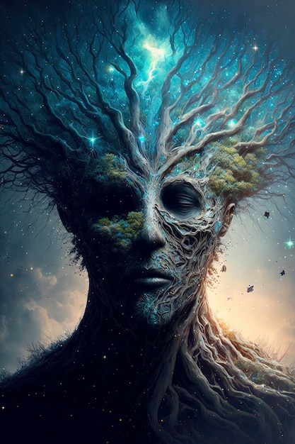 Portrait of albino mystic tree in a galaxy made of stars AIGenerated