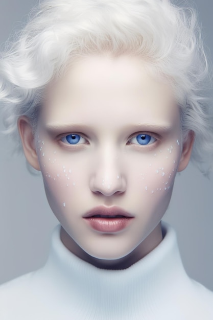 Portrait of an albino woman with very white skin white hair white clothes and very blue eyes Isolated on white background