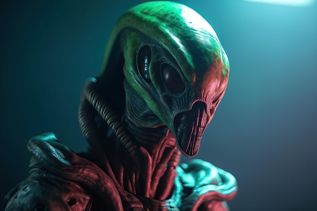 Portrait of alien in costume on color background AI generated