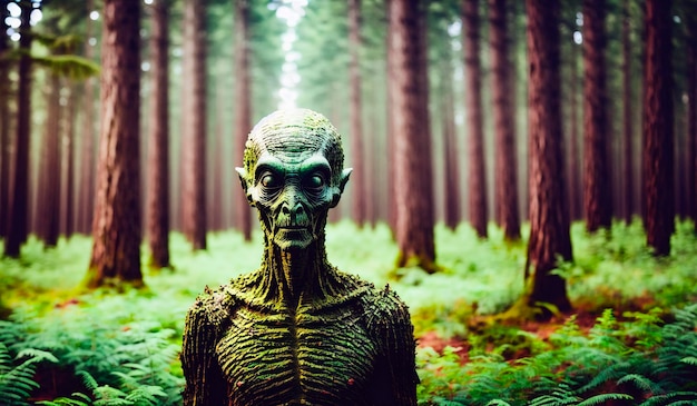 Portrait of an alien a creepy humanoid in the forest Generative AI