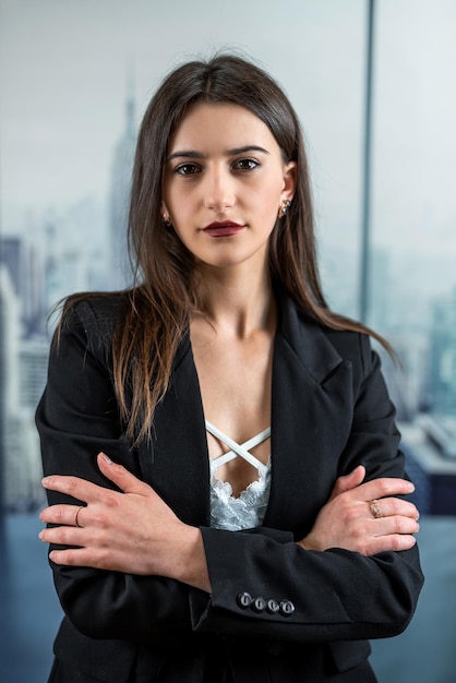 Portrait of alone caucasian business woman manager in office hall Workplace