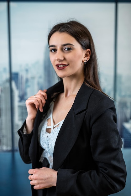 Portrait of alone caucasian business woman manager in office hall Workplace