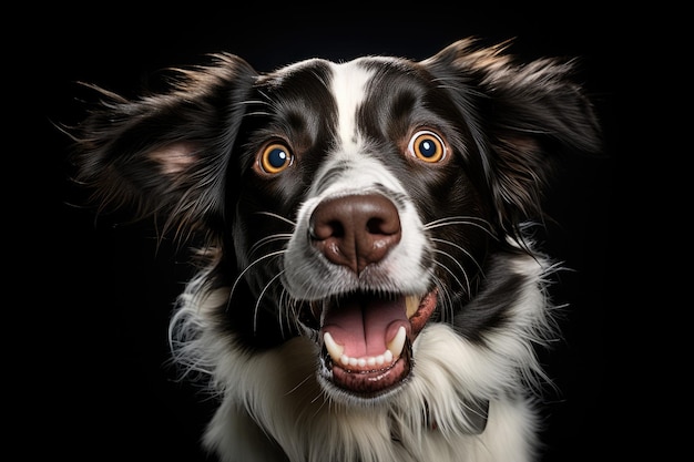 Portrait of amazement dog Cute dog opened mouth surprised closeup front view