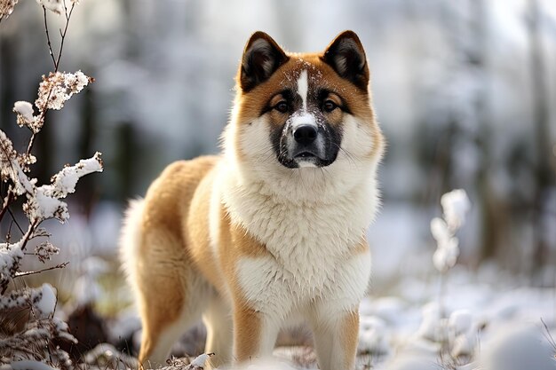 アメリカの犬アキタの肖像画 冬の森の背景に 屋外の自然な照明 暖かいフィルター アイジェネティブアート