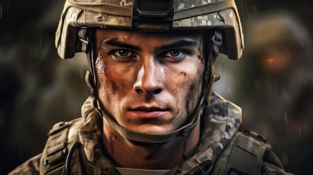 Портрет американского солдата, смотрящего в лицо камере
