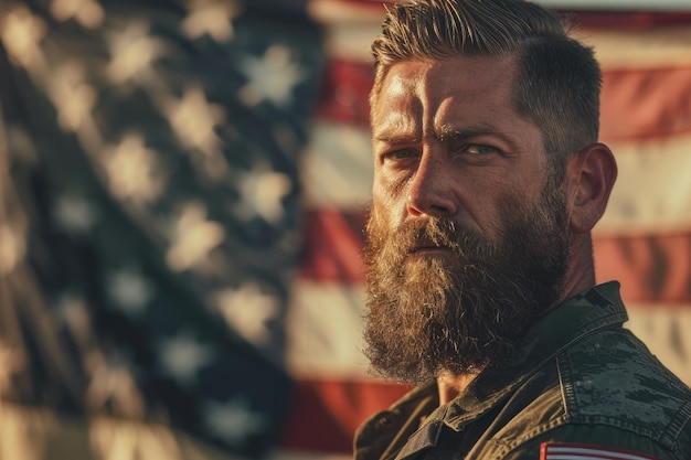 Foto ritratto di un veterano americano con la barba davanti alla bandiera in stile cinematografico