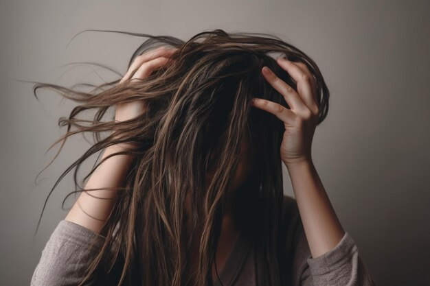 Portrait of american woman covering her face with hair