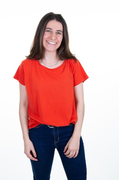 Photo portrait american of young woman isolated on white background in jeans and red shirt student girl