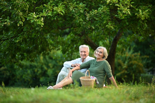 Portrait of Amusing old couple in summer park