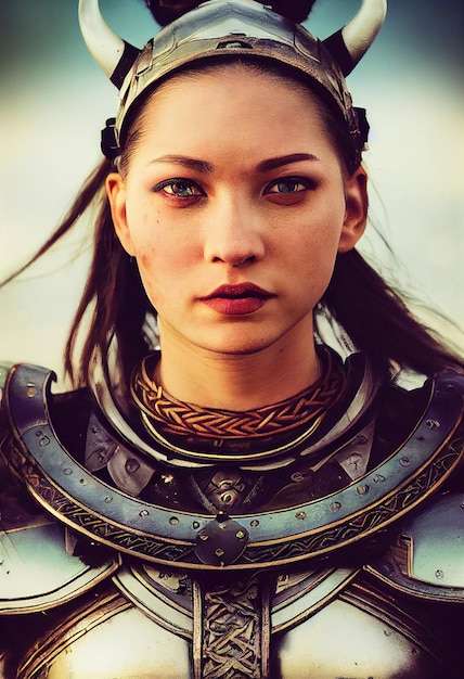 Photo portrait of an ancient female warrior in ancient warrior armor