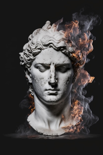 Portrait of an ancient marble statue with a flame in the background