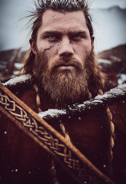 portrait of an ancient viking warrior with a beard and in viking winter clothing