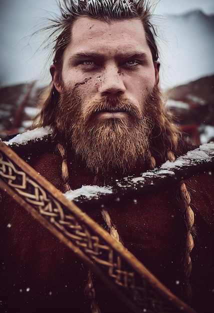 Portrait of an ancient Viking warrior with a beard and in Viking winter clothing