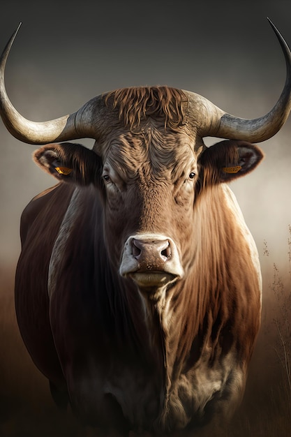 Portrait of an angry bull in a farm agricultural plain