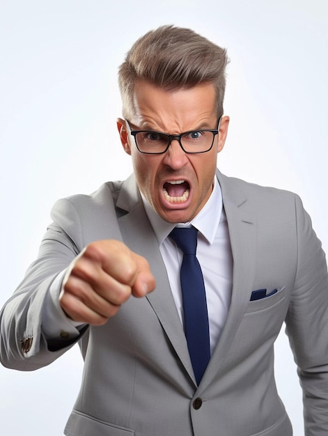 Portrait of angry man in business suit Aggressive man in rage screaming