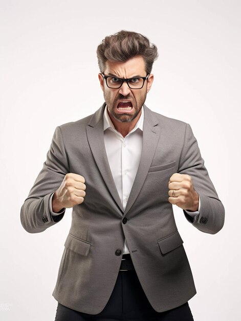 Portrait of angry man in business suit Aggressive man in rage screaming