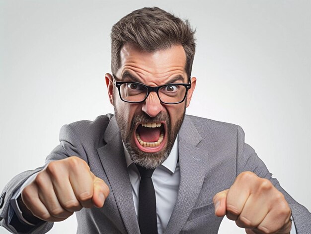 Portrait of angry man in business suit Aggressive man in rage screaming