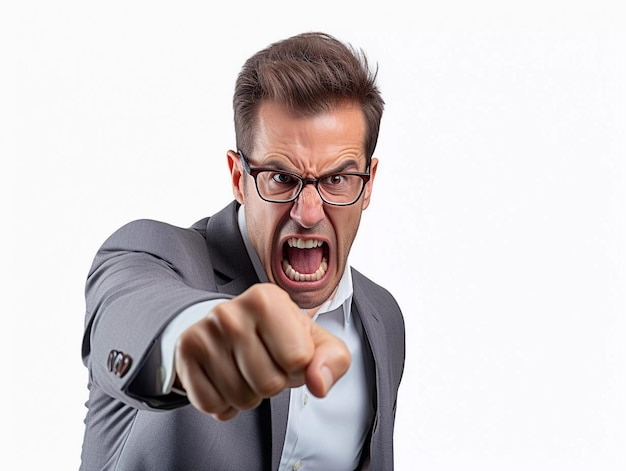 Portrait of angry man in business suit Aggressive man in rage screaming