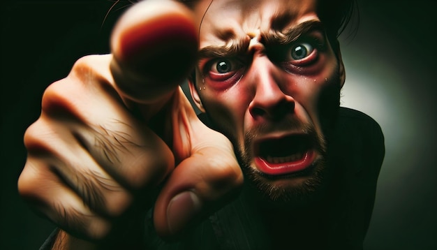 Photo portrait of angry man pointing finger angry person concept background