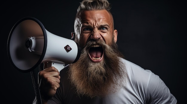 portrait of angry senior bearded man screaming shouting over megaphone