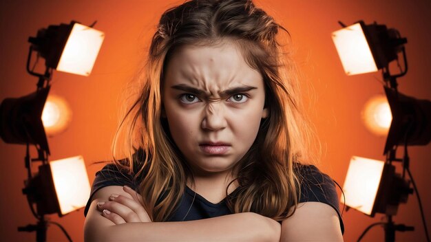 Portrait of angry teen girl on a orange studio background