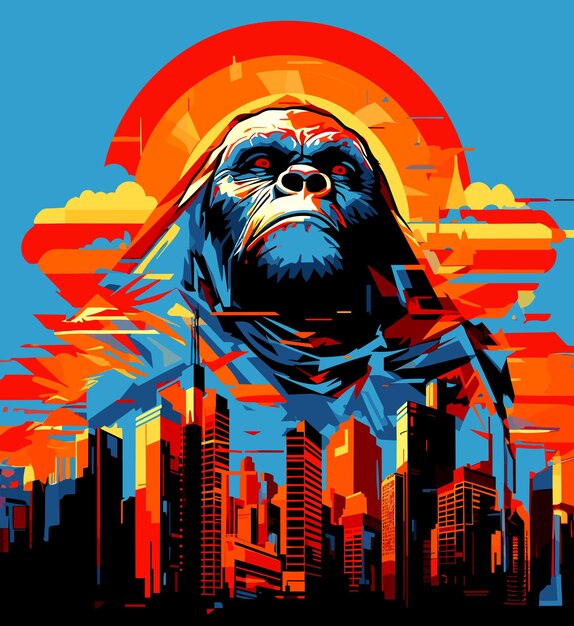 Portrait of an angry and terrified giant gorilla on the streets of a metropolis in a vector pop art style Template for tshirt sticker etc